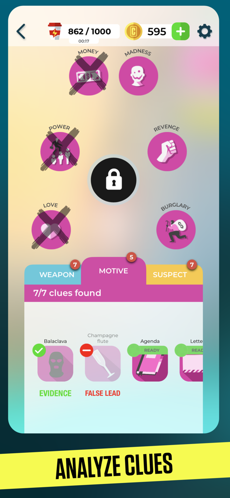 CRIMO - A detective investigation board in the CRIMO game showing motives and analyzed evidence.