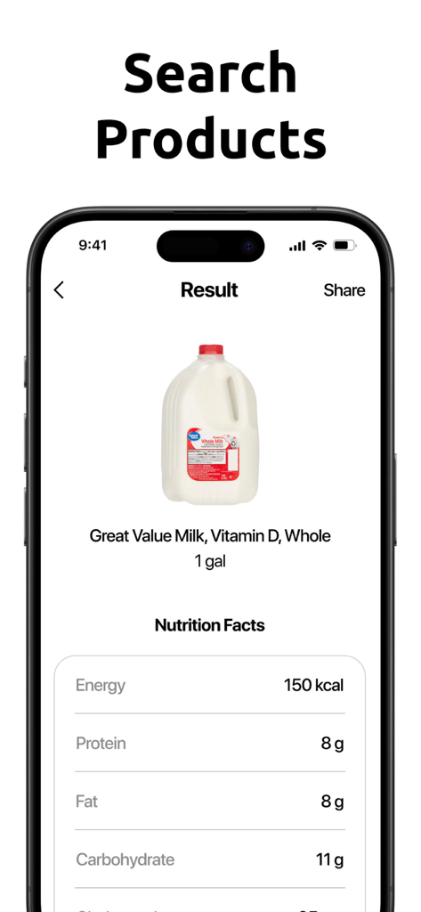 Barcode Scanner & Reader - Barcode scanner app screen showing product details and nutrition facts for a scanned milk jug
