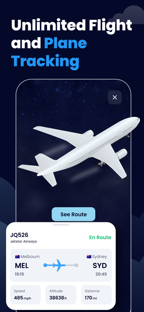 FlightRadar Pro: Track Flights - FlightRadar Proアプリのインターフェイス、リアルタイムのフライト追跡の詳細と3D航空機モデルを表示