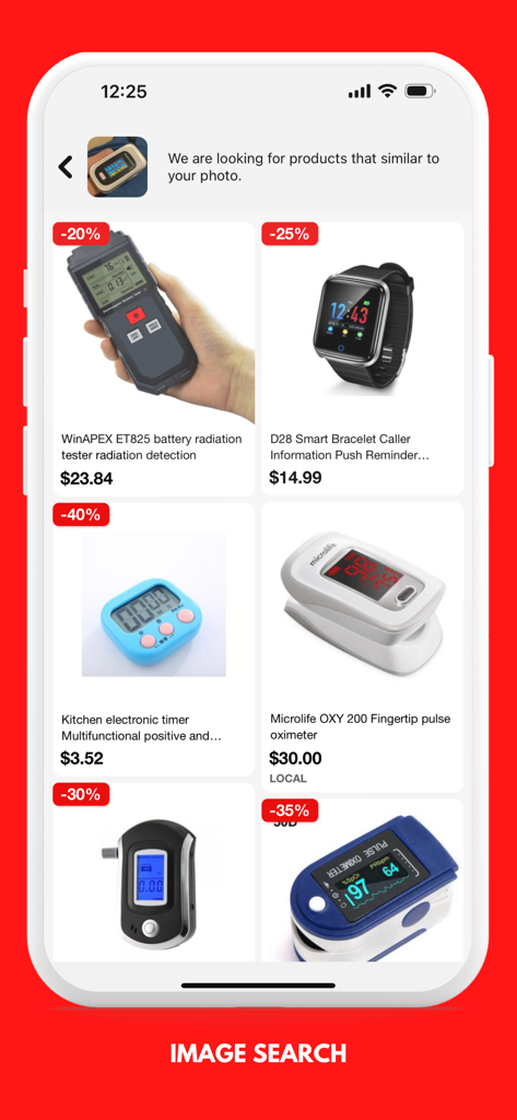 Bildsuche-Funktion der L192-App mit verschiedenen elektronischen Produkten wie Smartwatches und medizinischen Geräten