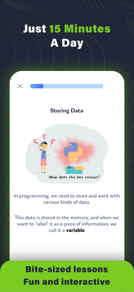 Mobile app screen showing a bite sized Python lesson on storing data and variables