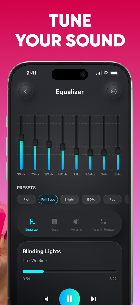Oberfläche der Lautstärke-Booster-App, die den professionellen Equalizer mit Frequenzreglern und Sound-Voreinstellungen zeigt.