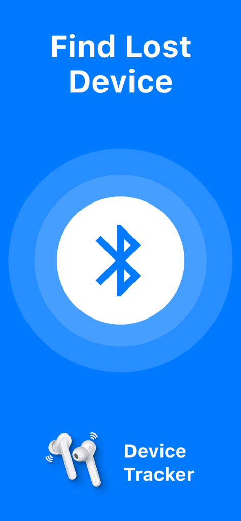 Find my Pods and Device - Find Lost Device app interface with Bluetooth symbol and wireless earbuds