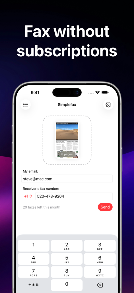 Simplefax - fax app - Simplefax mobile app interface showing a document ready to be sent as a fax without a subscription