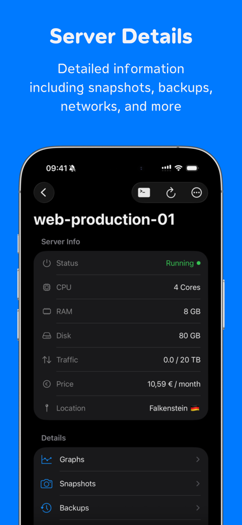 HetzMate for Hetzner Cloud - HetzMate Mobile App mit Serverdetails, einschließlich Status, CPU, RAM und Festplattenauslastung für eine Hetzner Cloud-Instanz