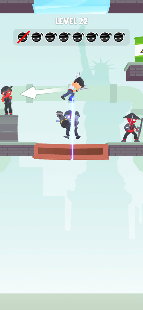 A ninja hero performing a sword slice move against enemies in an arcade action level.