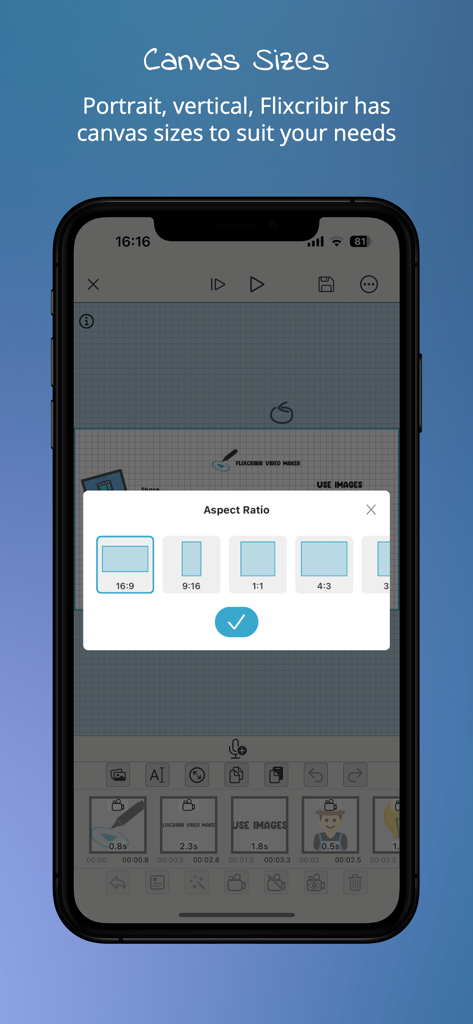 Flixcribir app interface showing multiple canvas size options including 16:9 and 9:16 for social media video creation.