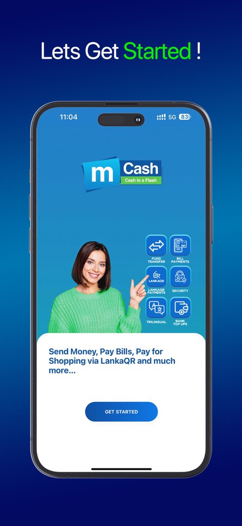 Mobitel mCash - Pantalla de bienvenida de la aplicación Mobitel mCash mostrando funciones financieras como transferencias de fondos y pagos de facturas