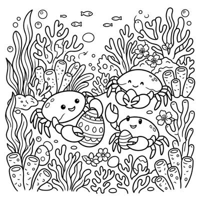 Get ready for an adorable underwater Easter celebration with this charming coloring page! Join three happy reef crabs as they discover decorated eggs amongst colorful corals and seaweed.