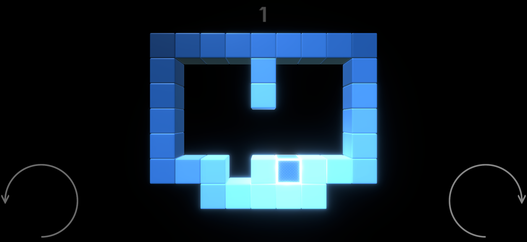 GraviT - Um nível de quebra-cabeça minimalista em GraviT com blocos azuis brilhantes e ícones de rotação de gravidade em um fundo preto.