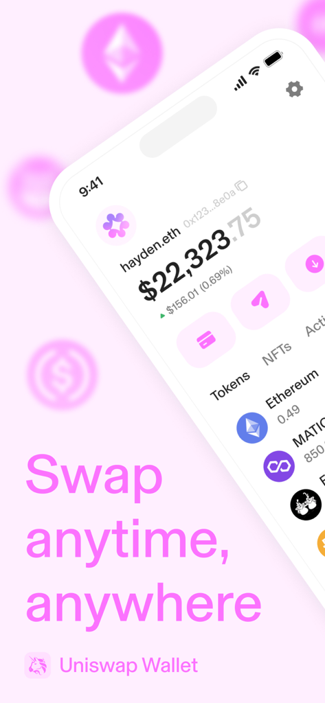 Uniswap Krypto- und NFT-Wallet-App-Oberfläche, die den Kontostand und die Swap-Funktion anzeigt