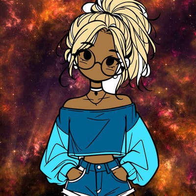 girl with a messy ponytail glasses a baggy crop top and jean shorts