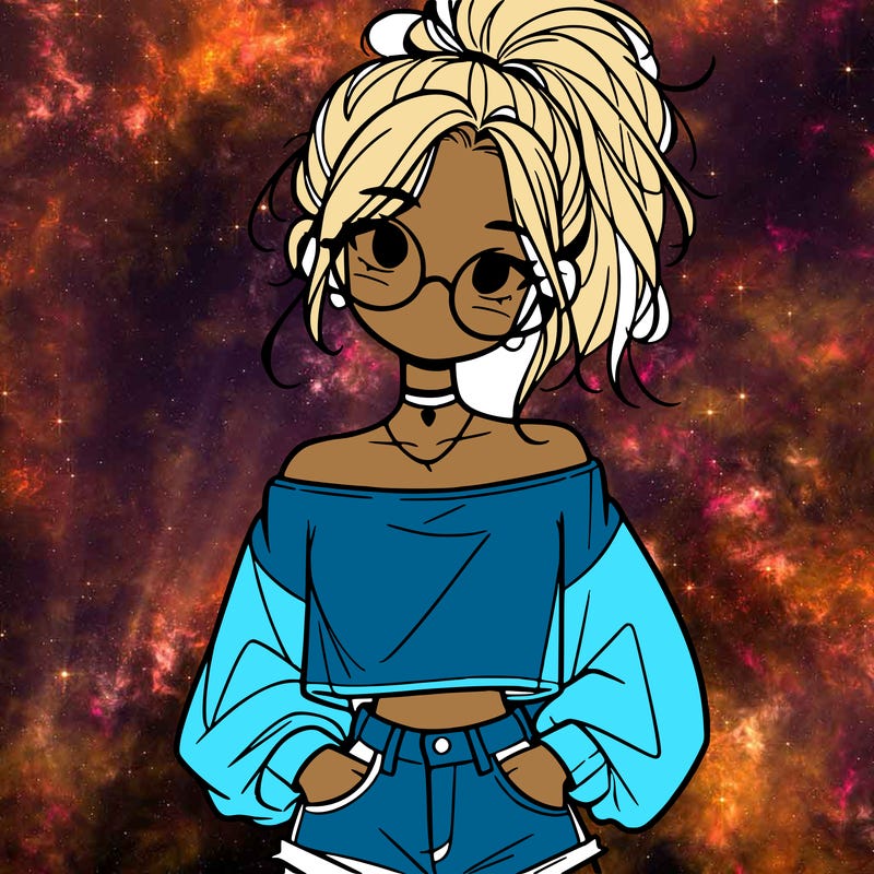 girl with a messy ponytail glasses a baggy crop top and jean shorts