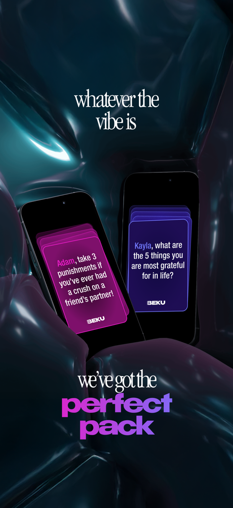 Two smartphones displaying BEKU party game cards with savage dares and deep questions on a dark abstract background