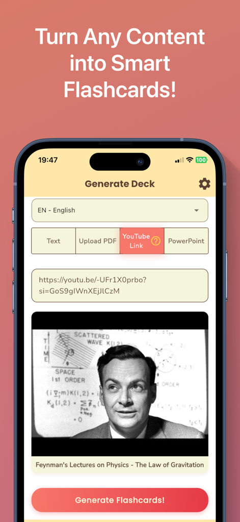 FlashCardify - AI Flashcards - FlashCardify app interface showing the generation of AI flashcards from a YouTube video link about physics