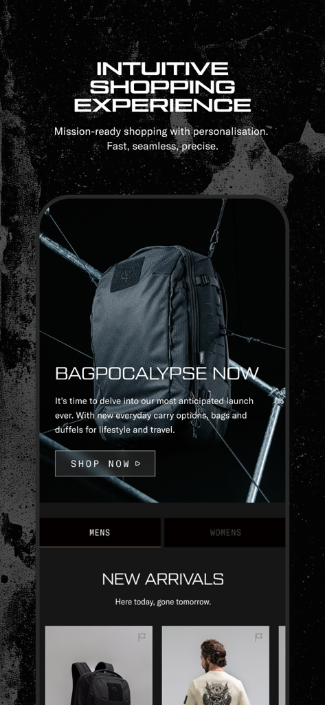 ThruDark - ThruDark mobile app interface showing technical gear and a tactical backpack promotion.