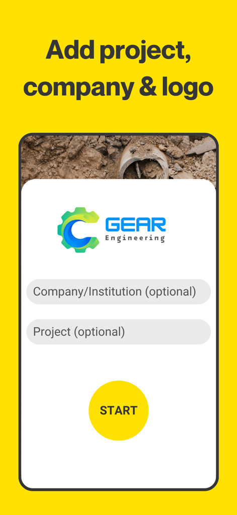 Conota Camera app interface showing options to add a company logo and project details with a start button.