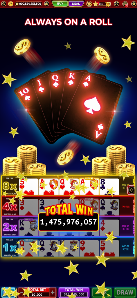 Best Bet: Slots Casino Games - Una grande vincita al video poker nell'app Best Bet Casino che mostra una scala reale e un'enorme vincita in monete