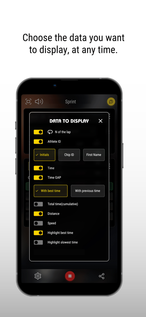 MyFreelap - MyFreelap app screen showing the data to display menu for customizing training metrics like time distance and speed