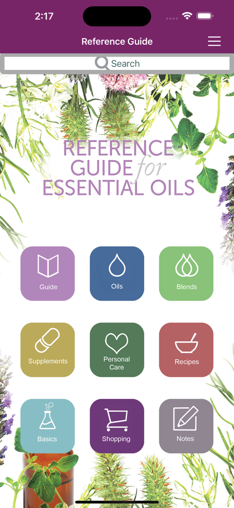 Ref Guide for Essential Oils - Home screen of the Ref Guide for Essential Oils app with navigation icons for oils blends and wellness categories