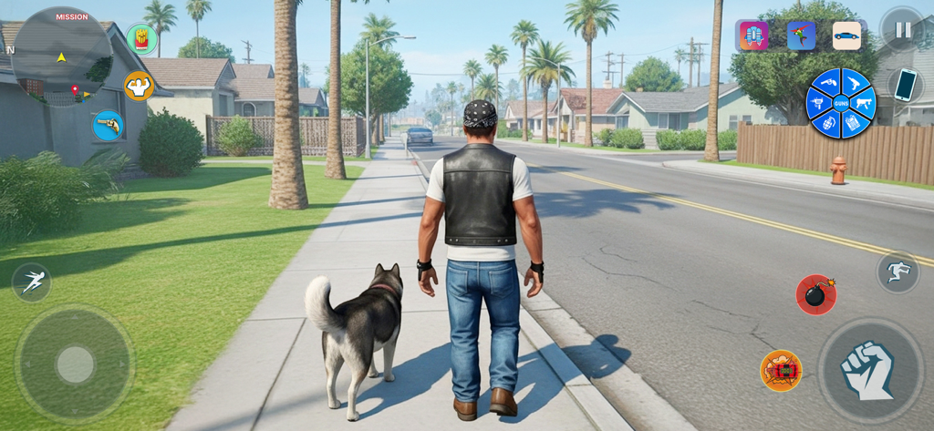 Grand Wars City: Gang Hero 3D - Un hombre paseando un perro husky en un barrio suburbano dentro del juego de mundo abierto