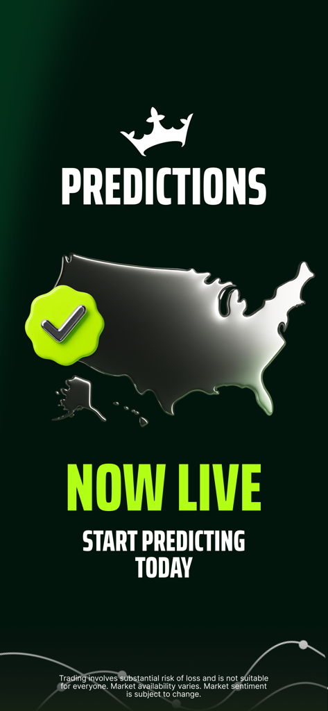 DraftKings Predictions - Écran de lancement de l'application DraftKings Predictions avec une carte métallique des États-Unis et le texte Now Live