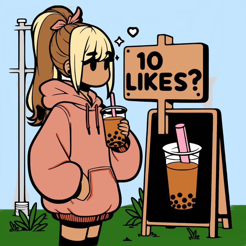 girl with oversized hoodie drinking boba and she has a high ponytail with a sign that says 10likes?