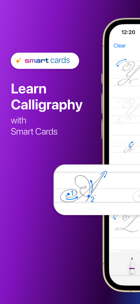 Schermata mobile che mostra la pratica guidata della calligrafia con smart card sull'app Writey
