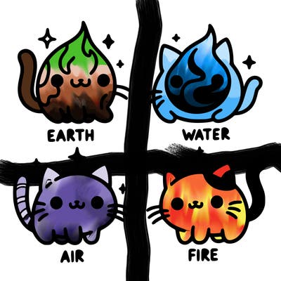4 cats that represent the different elements, earth, water, air, and fire