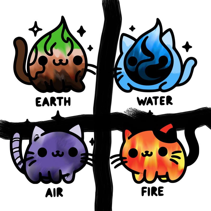 4 cats that represent the different elements, earth, water, air, and fire