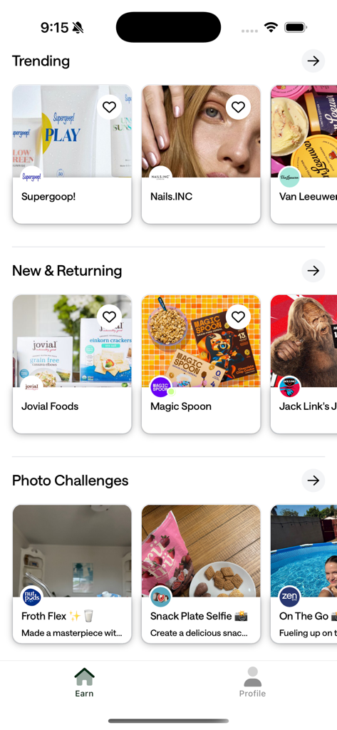L'interface principale de l'application Kale montrant les collaborations de marques tendance et les défis photo pour que les créateurs gagnent des récompenses.