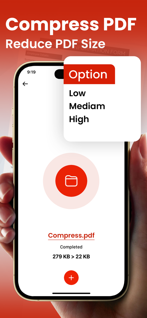 PDF Converter - Image to PDF . - iPhone interface showing a PDF file reduced from 279 KB to 22 KB using the compress feature