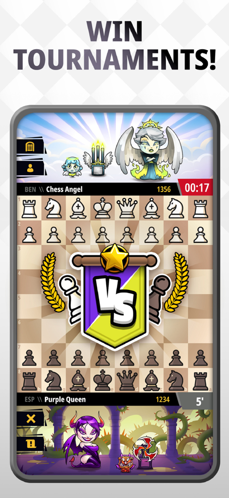 A mobile chess game screen showing a match between players with custom angel and demon avatars.