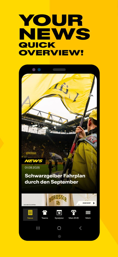 BVB - Screenshot des Nachrichten-Feeds der offiziellen BVB-App, der einen Fan zeigt, der im Stadion eine gelbe Fahne hält.