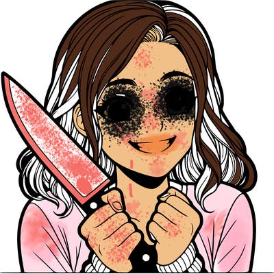 a realistic girl holding a knife and grinning