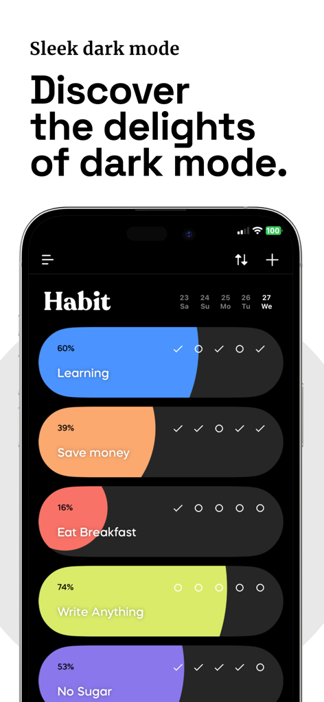 Habit Tracker - Habitica - Interfaz de la aplicación rastreadora de hábitos Habitica en modo oscuro que muestra barras de progreso coloridas para aprender y ahorrar dinero