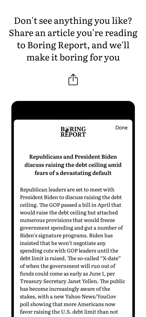 Boring Report: Unbiased News - A feature showing how users can share news articles to the Boring Report app to receive unbiased and non-sensationalized AI summaries