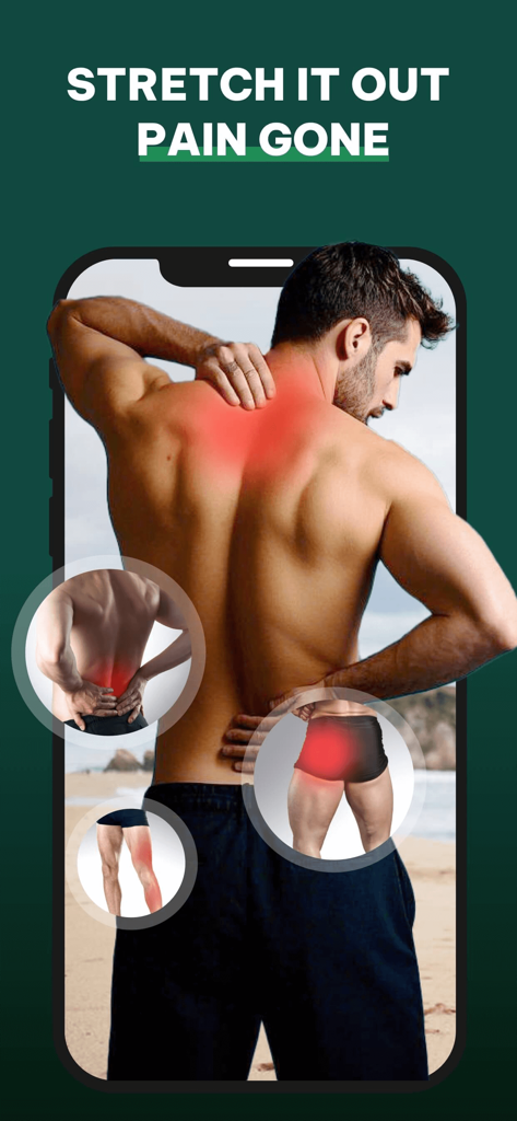 JustStretch | Flex & Mobility - Interfaz de la aplicación que muestra áreas objetivo de alivio del dolor en la espalda y las piernas de un hombre.