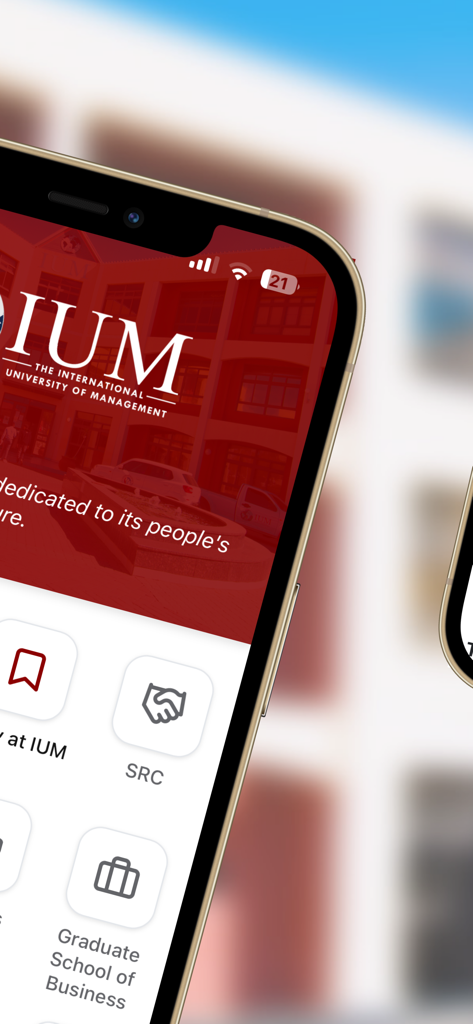 Pantalla de inicio de la aplicación móvil de la universidad IUM con iconos de servicios del campus