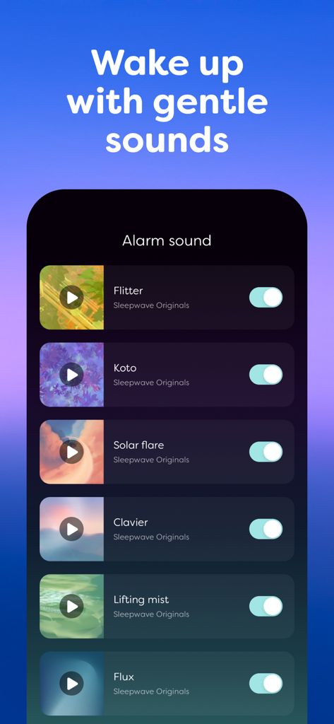 Sleepwave: Alarm & Tracker - Sleepwave app screen showing a list of gentle alarm sounds like Flitter and Solar Flare for a refreshed morning wakeup