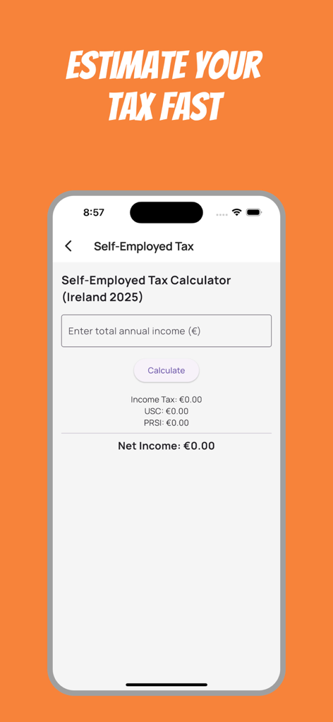 Self employed tax calculator screen for Ireland 2025 budget