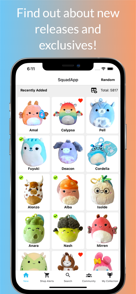 A mobile app interface displaying a grid of colorful Squishmallow characters under a recently added section.