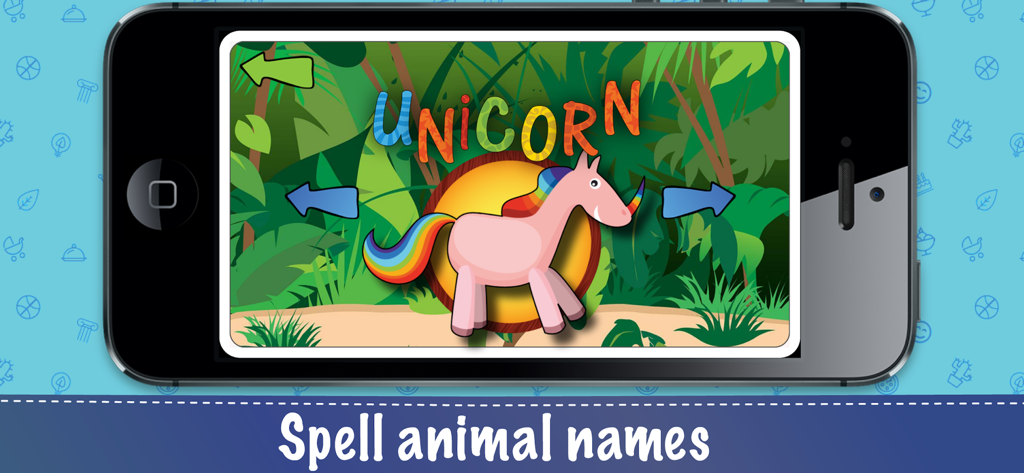 Little Bee ABC Fun - A screen from the Little Bee ABC Fun app featuring a pink unicorn and the word UNICORN to help children learn to spell.