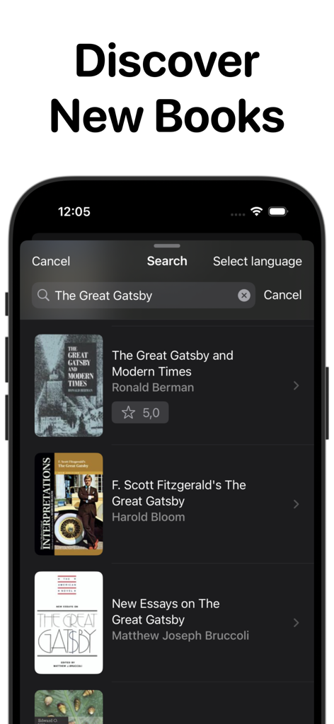 Bookshelf - Vox - Interface of the Bookshelf Vox app showing a search for the book The Great Gatsby
