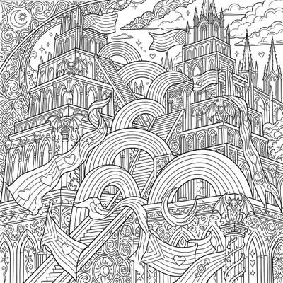 Step into a world where ancient ziggurats meet the vibrant spirit of Pride, all wrapped in a dramatic gothic aesthetic. This intricate coloring page offers a unique blend of history, celebration, and artistic detail, perfect for engaging your creativity.