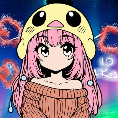 anime girl with chick shaped hat with sweater with bare shoulders with bangs covering them one eye with low tail