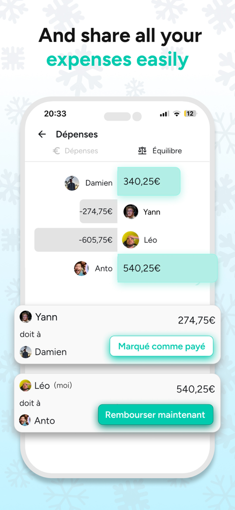 A mobile screen showing the group expense tracking feature of the SmarTrips app with individual balances and reimbursement buttons.