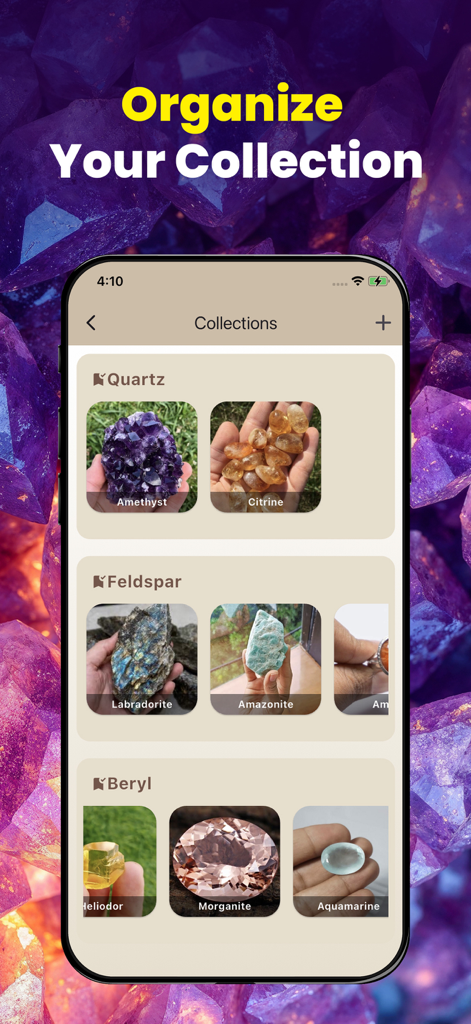Rock Identifier: Stone Checker - Mobile app interface of Rock Identifier showing an organized personal collection of crystals and minerals categorized by types like Quartz and Feldspar