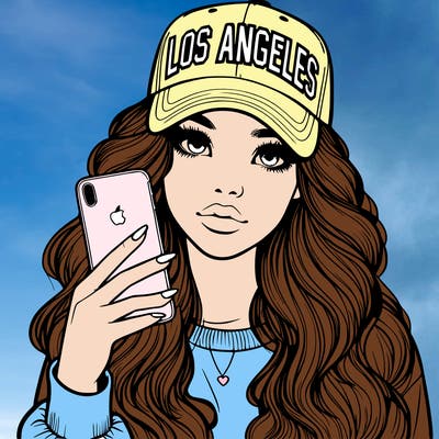 realistic beautiful girl wearing los ángeles cap holding an iphone