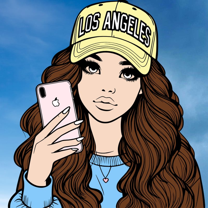 realistic beautiful girl wearing los ángeles cap holding an iphone